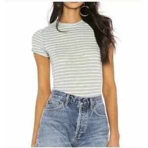 free people Sage Combo Green Striped Cuffed Short Sleeve Women's Top Size L